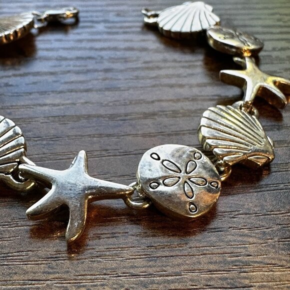 Vintage Silver Tone Bracelet Starfish Sea Shell Sand Dollar Beach Vacation 7" - Picture 3 of 7